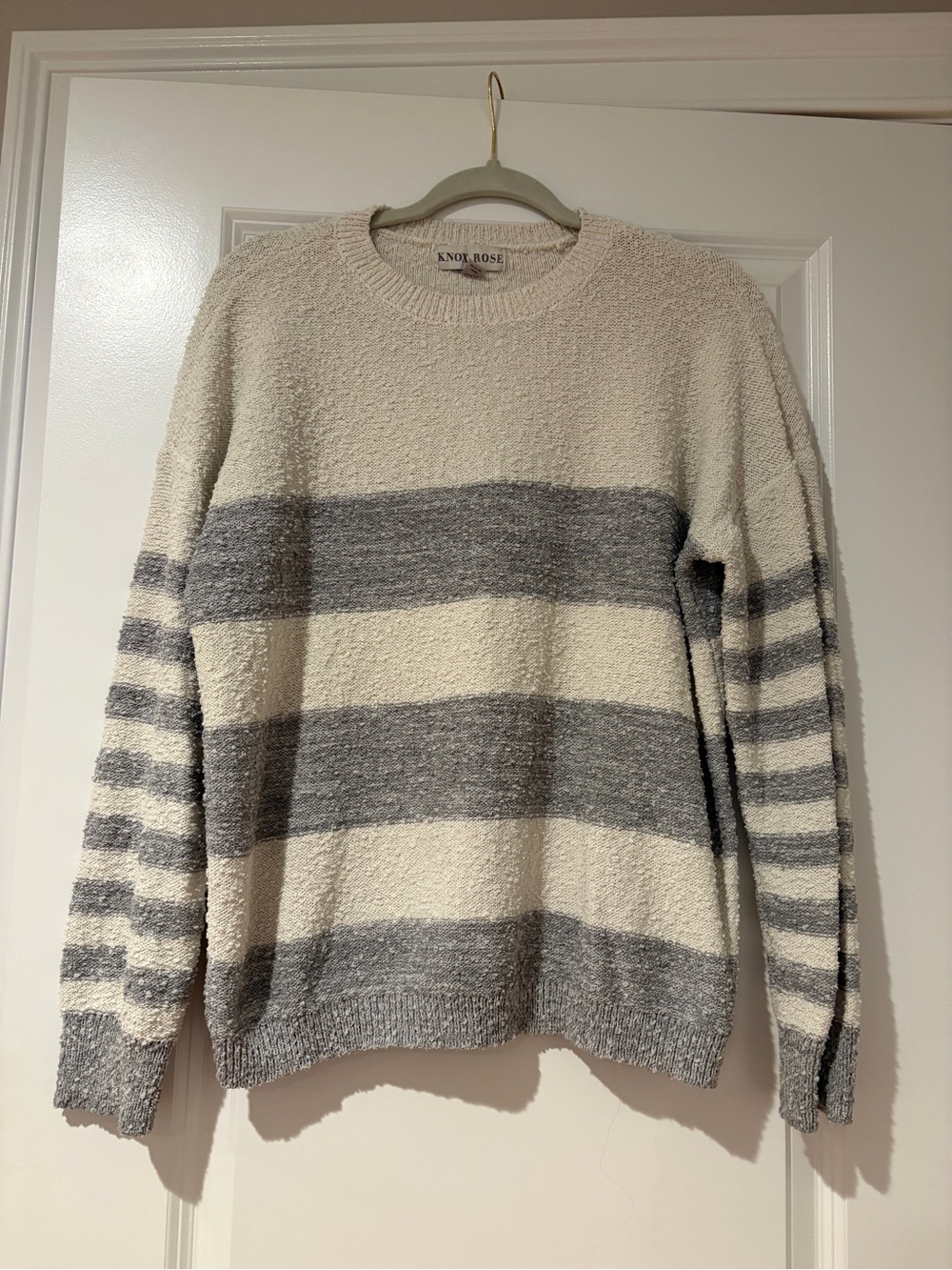 Knox Rose Women’s Cream and Gray Striped Crewneck Sweater